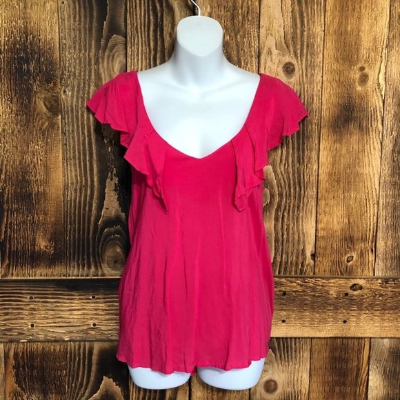 BCBG NWT Low Split Back Ruffle Flutter Sleeve Top Pink Sz Large - Picture 1 of 9